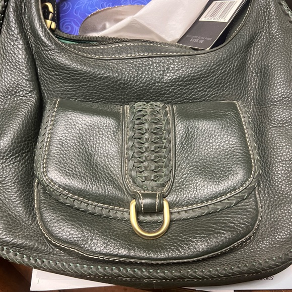 Hunter green, Donald J Piner, genuine leather shoulder bag, heavy brass hardware - Picture 8 of 14